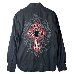 Attitude Studded Button Down Shirt Mens Sz Lg Y2K Black Cross Embroidered Punk